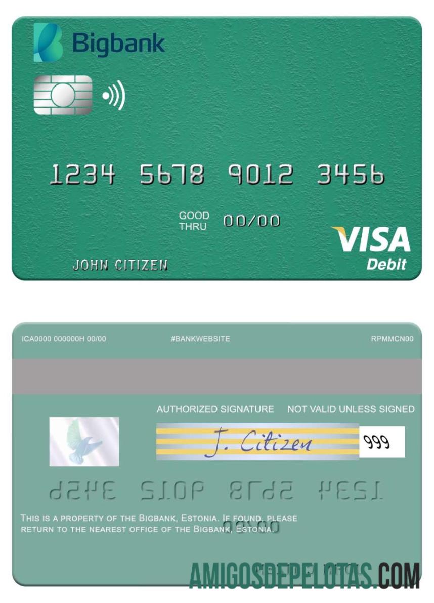 Cartão de débito Estônia Bigbank Visa modelo